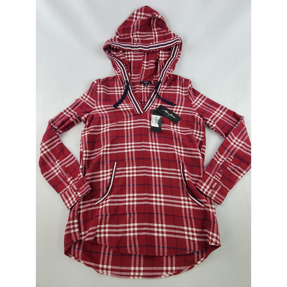 MAVI women shirt top hooded 12082320693 red check cotton pockets XS $98